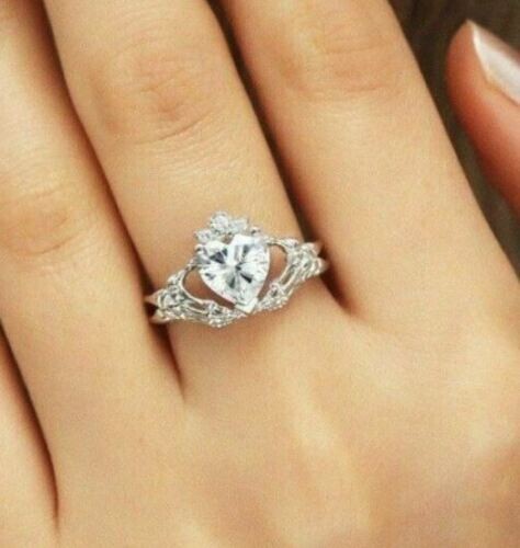 2Ct Heart Cut Lab Created Diamond Claddagh Engagement Ring 14K White Gold Finish - Picture 4 of 4
