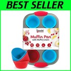 Oven-Safe Non-Stick 6-Cup Muffin Tray with Comfortable Silicone Handles & Liners