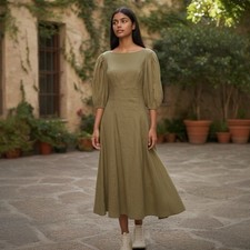 Zimmermann Linen Day Midi Dress Size 0 AU 8 / US 4 Green Puff Sleeve