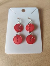 Red Double Vintage Button Dangle Hook Earrings Silver Plated Jewellery Gift New
