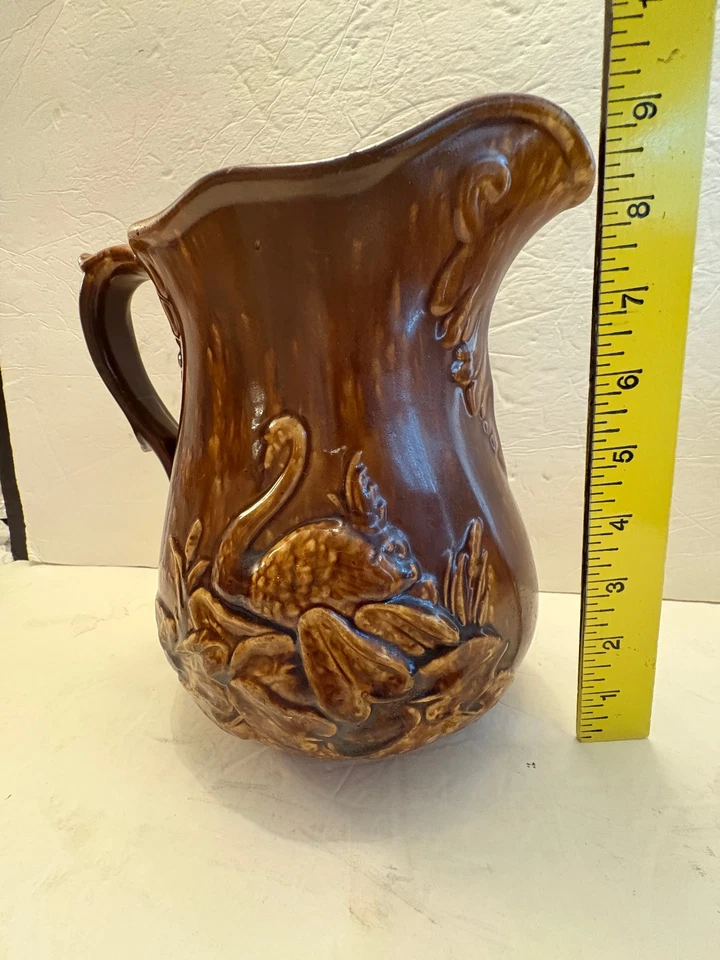 Bennington Rockingham Yellow Wear Ale Pitcher Swan 9" TALL,, Brown Glaze - Image 2 of 4