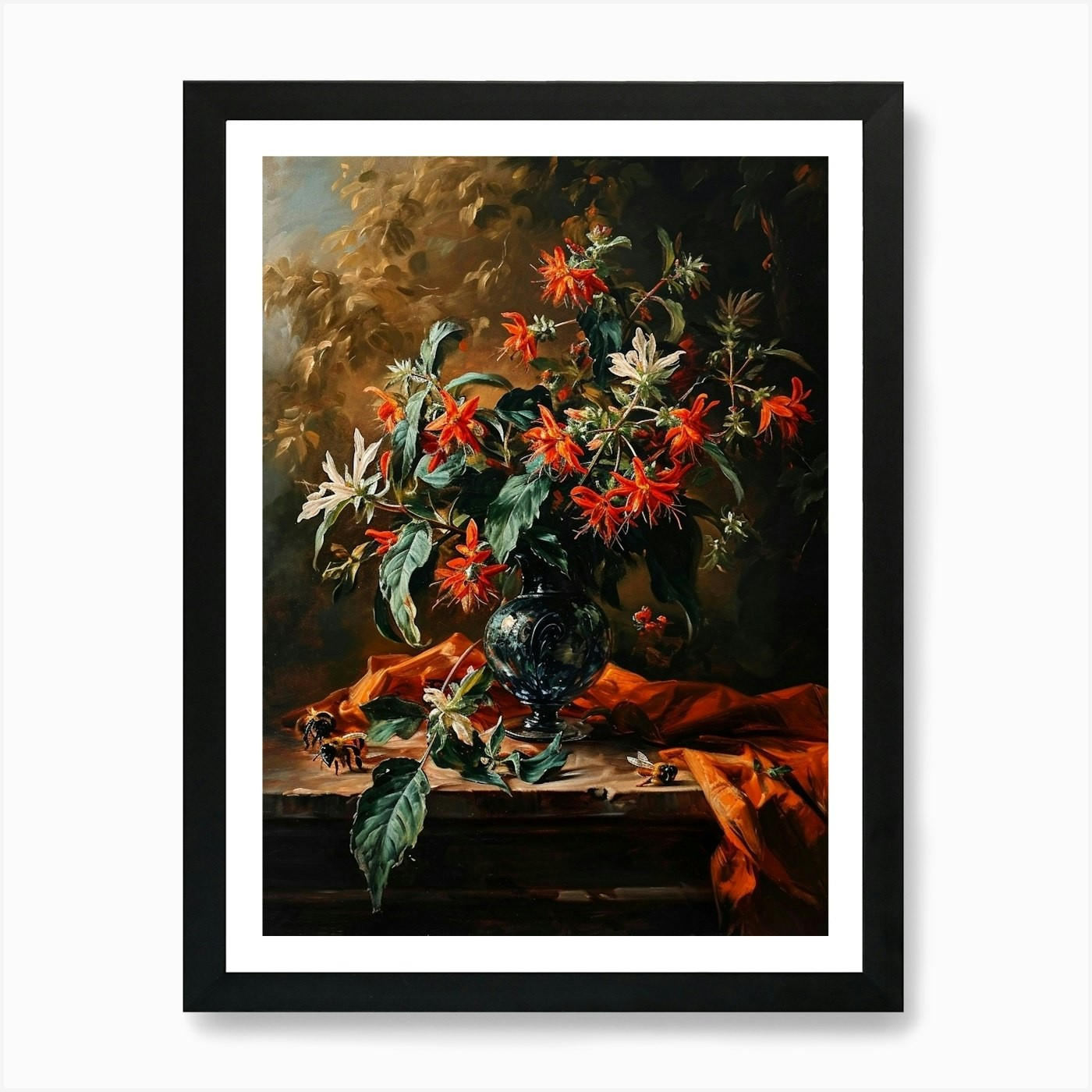 Baroque Floral Still Life Bee Balm Framed Canvas Wall Art Print  