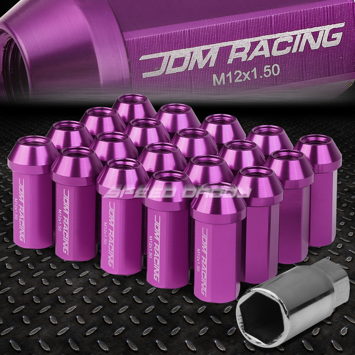 JDM CLOSED-END ALUMINUM PURPLE 20 LUG NUTS SET+ADAPTER M12X1.5 25MM OD/50MM TALL