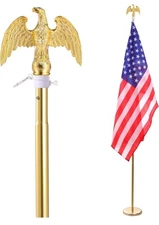 8FT Indoor Flagpole Kit, Deluxe Gold Eagle Topper W Base Stand Heavy Duty W Flag