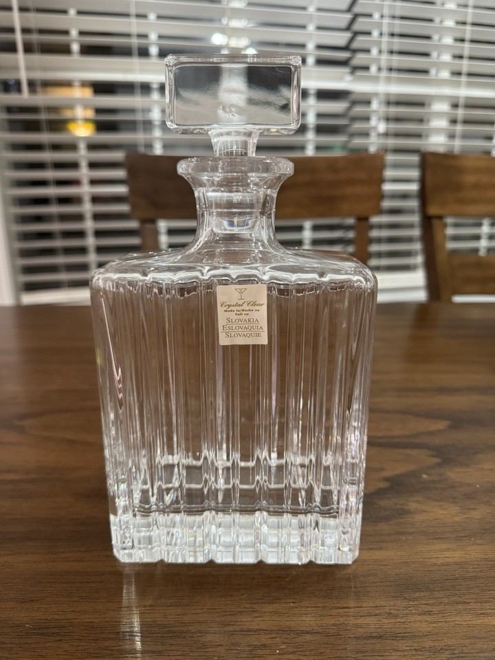 Chunky Slovakian square crystal decanter with geometric Art Deco lines — understated, heavy, and looks far more expensive than its price tag.