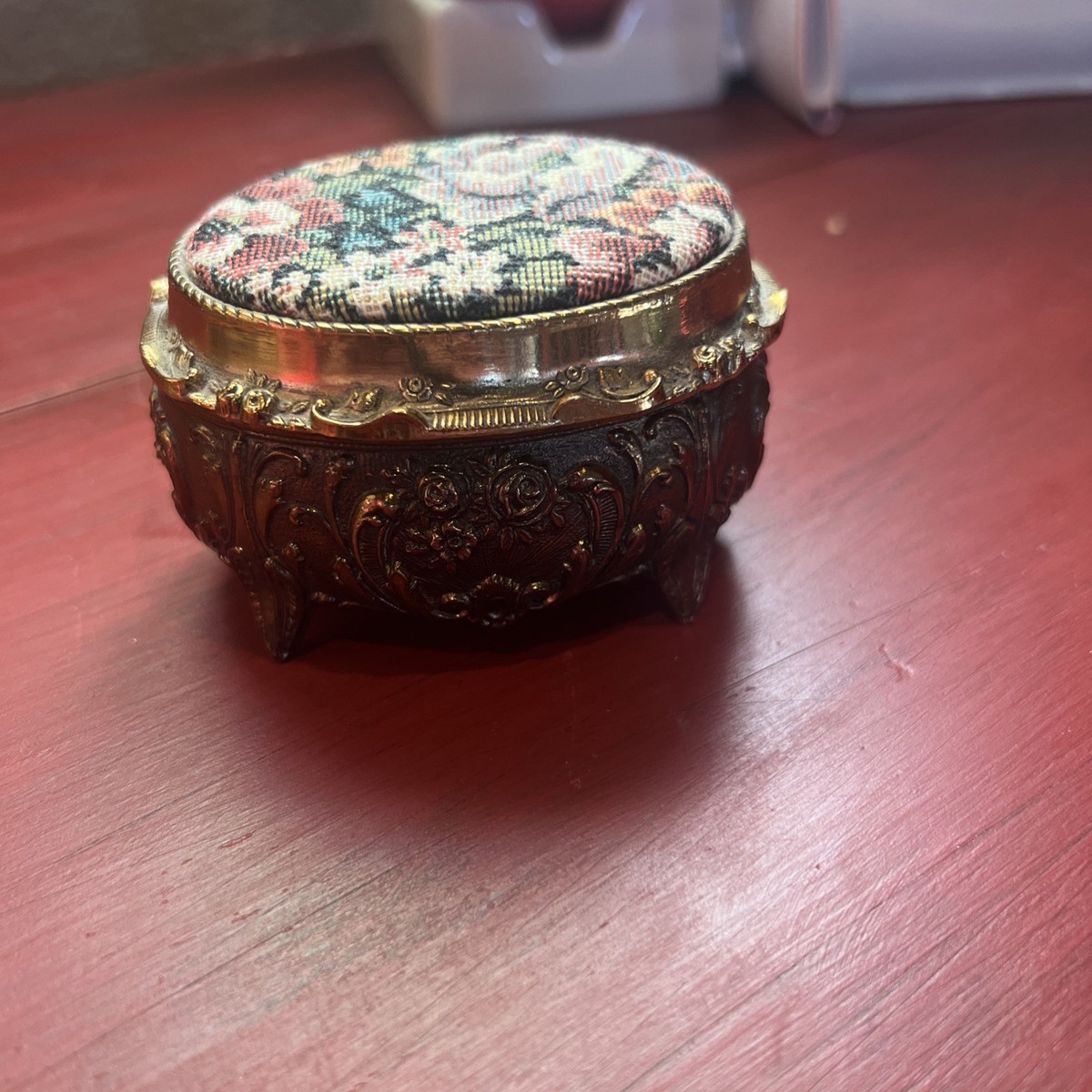 Vintage Sankyo Japan Jewelry Trinket Music Box Floral Cross Stitch