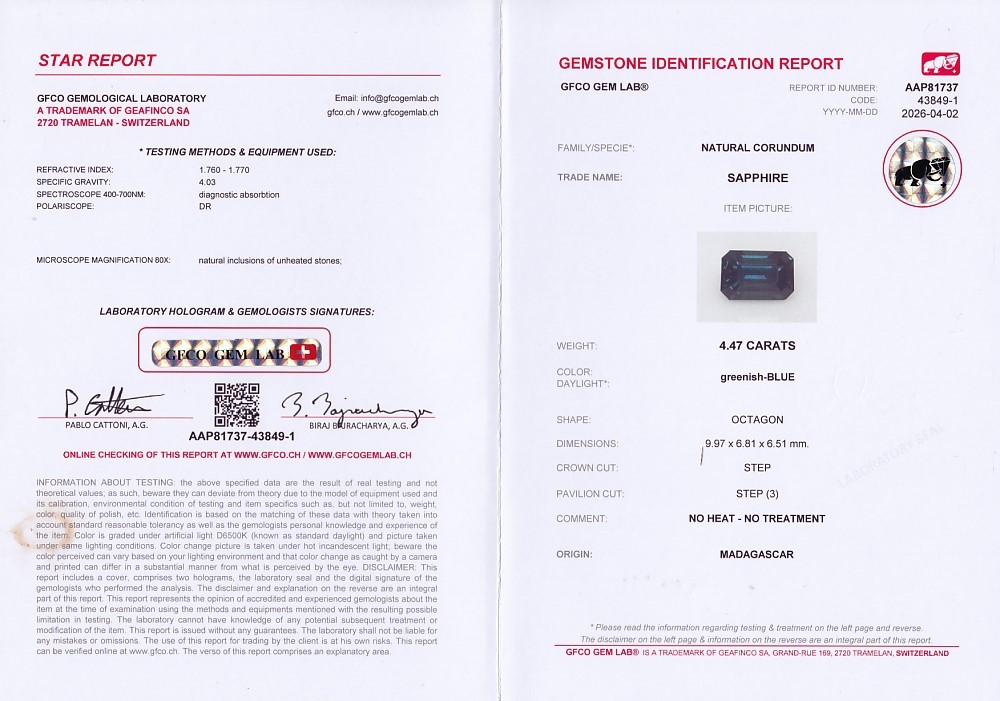GFCO Gem Lab Gemstone Identification Report