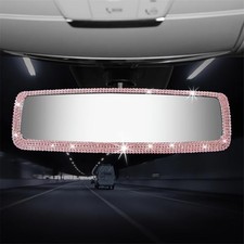 Bling Rhinestone Car Rear View Mirror - Crystal Diamond Decor for Women - Pink