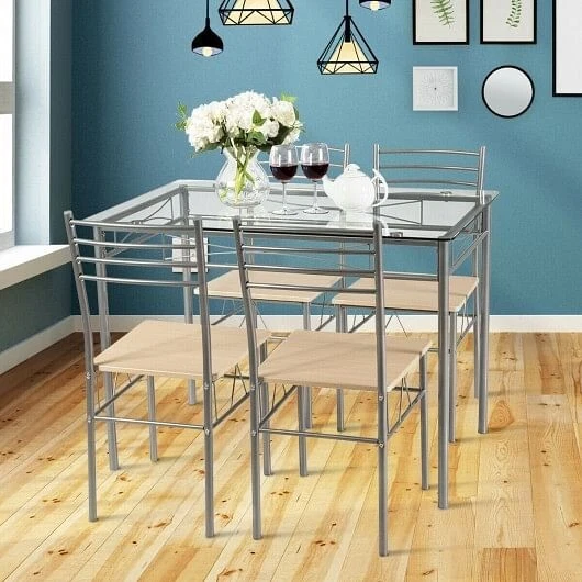 5 Pieces Dining Set Glass Table and 4 Chairs - Color: Natural - Image 3 of 4
