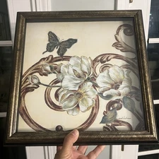 Butterfly and Magnolia Wall Art Print Signed L Lehman Shadowbox Frame 13X13
