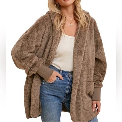 HEM & THREAD PLUSH FUZZY HOODED JACKET W/ POCKETS, ASH, One Size