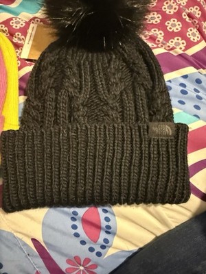 The North Face Black Cable Knit Faux Fur Pom-Pom Lined Beanie Hat Women