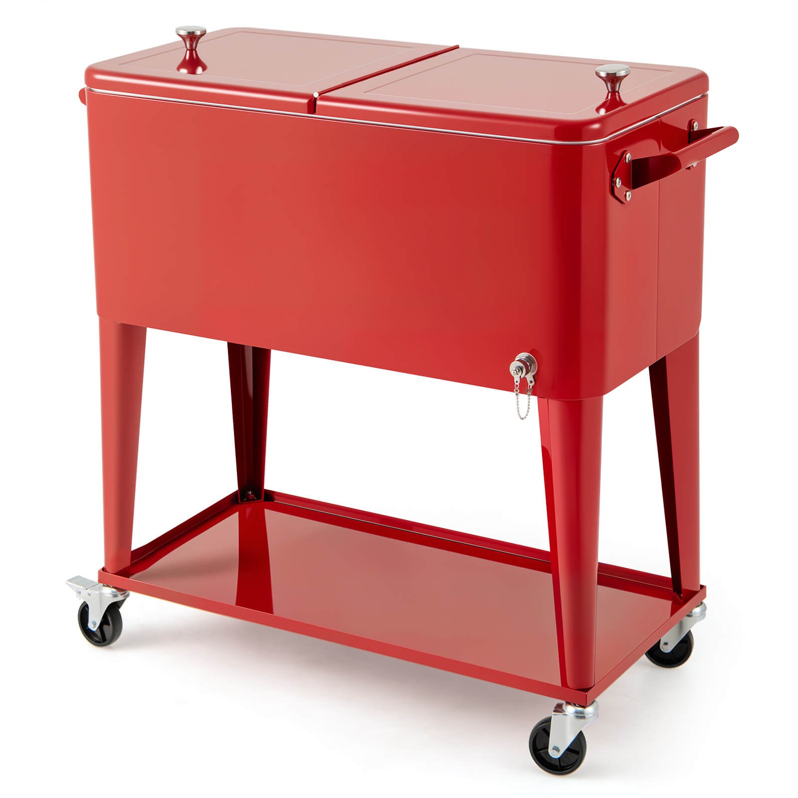 80-Quart Rolling Patio Cooler on Wheels w/Side Handles Storage Shelf Cap Catcher