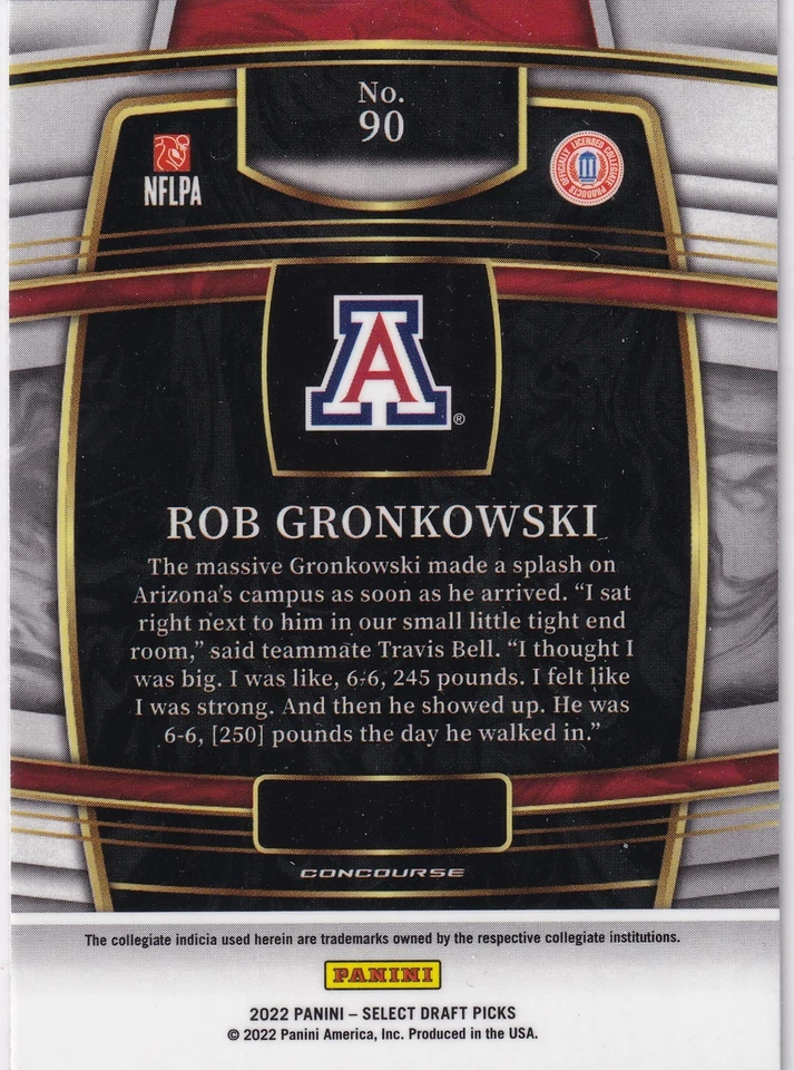 Rob Gronkowski 2022 Panini Select Draft Picks #90 Blue (Retail Base) Arizona - Image 2 of 2