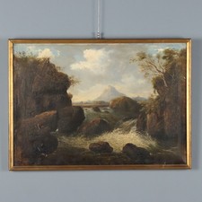 Dipinto Antico Paesaggio con Fiume Olio su Tela XIX Secolo Originale