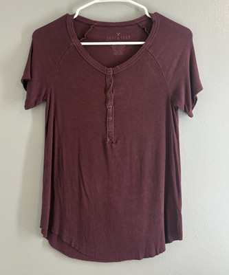 American Eagle Rib Henley Button Ribbed T-Shirt XXS Burgundy