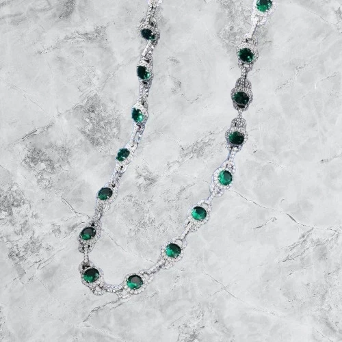 25Ct Round Cut Lab Created Green Emerald Tennis Necklace 14K White Gold Plated - Image 2 of 4