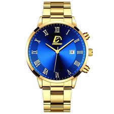 Mens Watch Business Gold Stainless Steel Gents Quartz Analogue Wrist Watch Blue