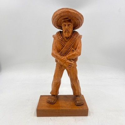 Vintage Bandito Figure Sombrero Ammo Belt Folk Art Wood Carving Mexico Signed