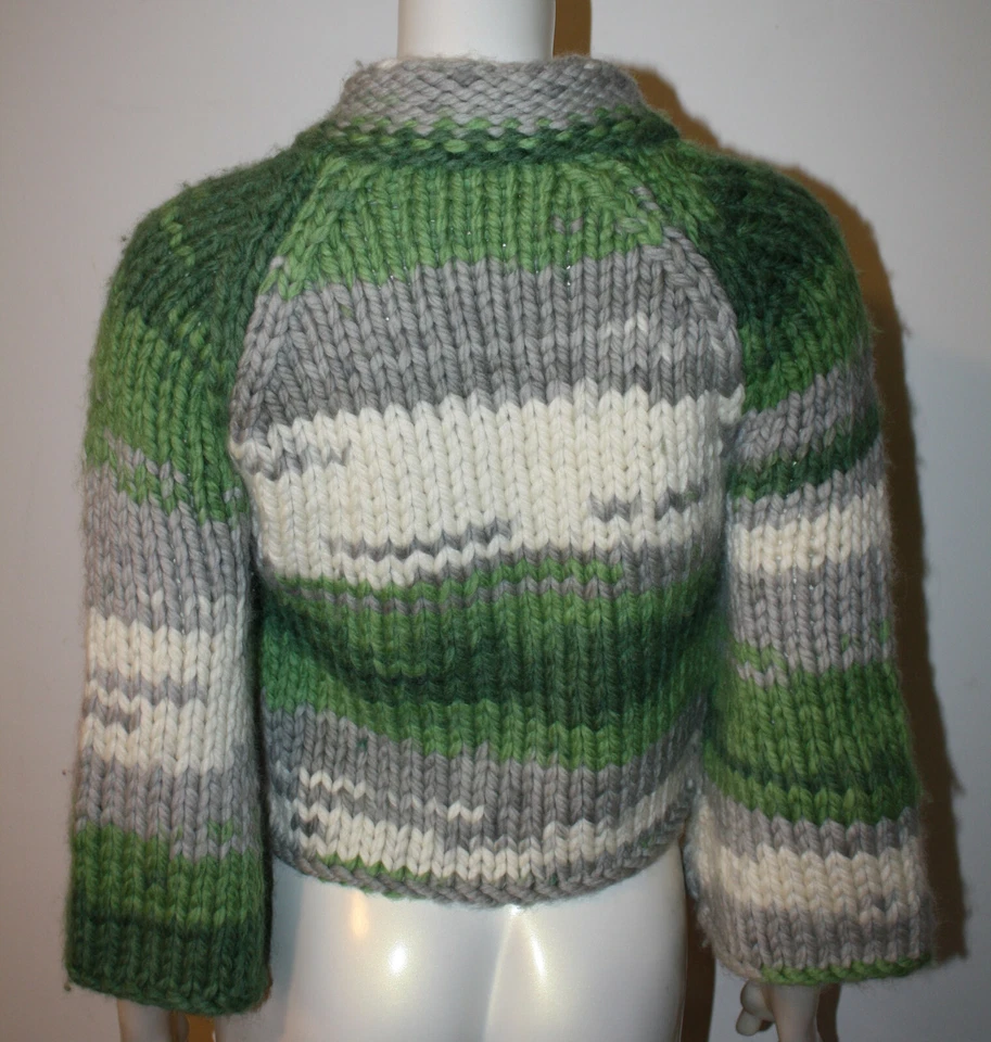 Cárdigan Suéter Beth Bowley M Verde Gris Blanco Grueso Tejido Lana  Foto 2 de 4