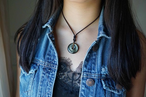 Donut Obsidian Pendant Adjustable Cord Necklace Double Side Wear Pinankou 30mm - Picture 9 of 10
