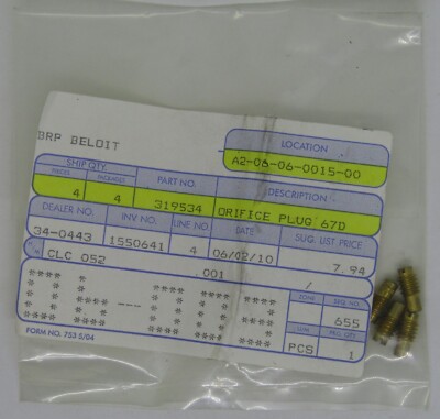 New OMC Outboard Marine Corp. OEM Orifice Plug Part No. 319534 Sold ...