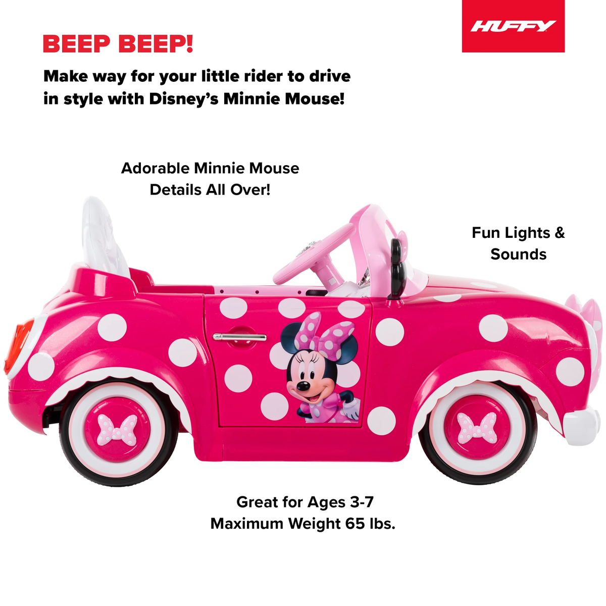 Huffy Minnie Mouse 6V Battery-Powered Ride-On Car for Kids Ages 3+