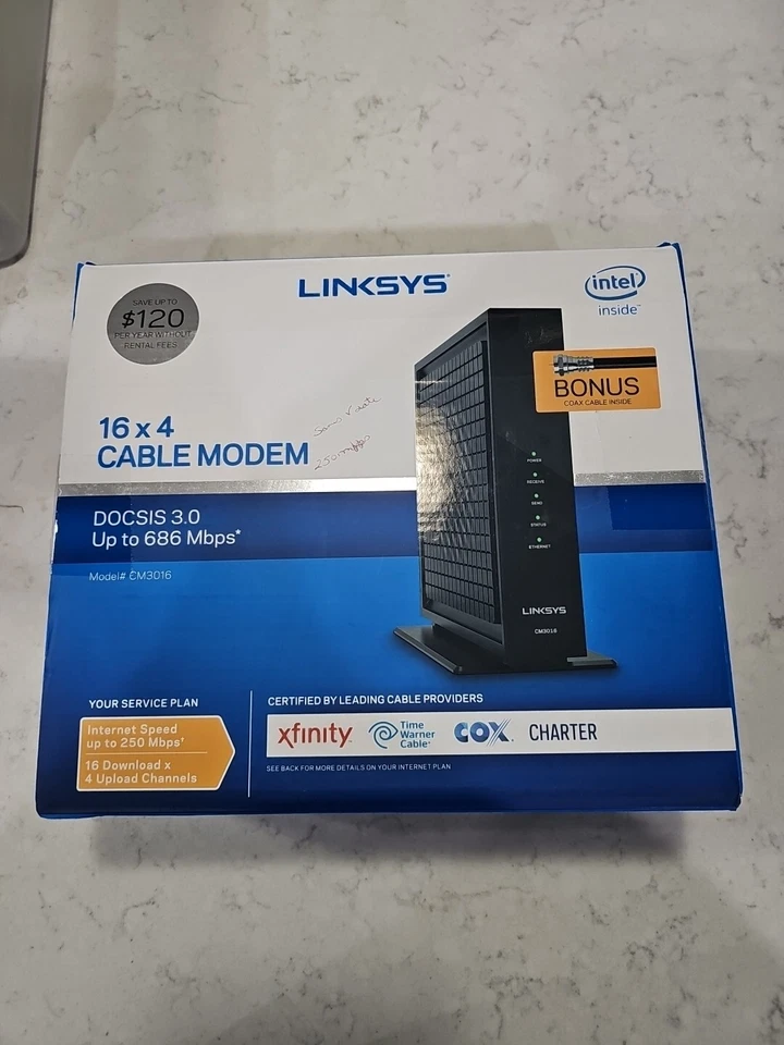 LINKSYS 16 x 4 Cable Modem | 16 x 4 Bonded Channels | DOCSIS 3.0 | CM3016 - Image 2 of 4