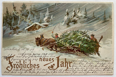 AK alte Postkarte Motiv Neujahr Sylvester um 1904 Litho Winter Schlitten Beruf