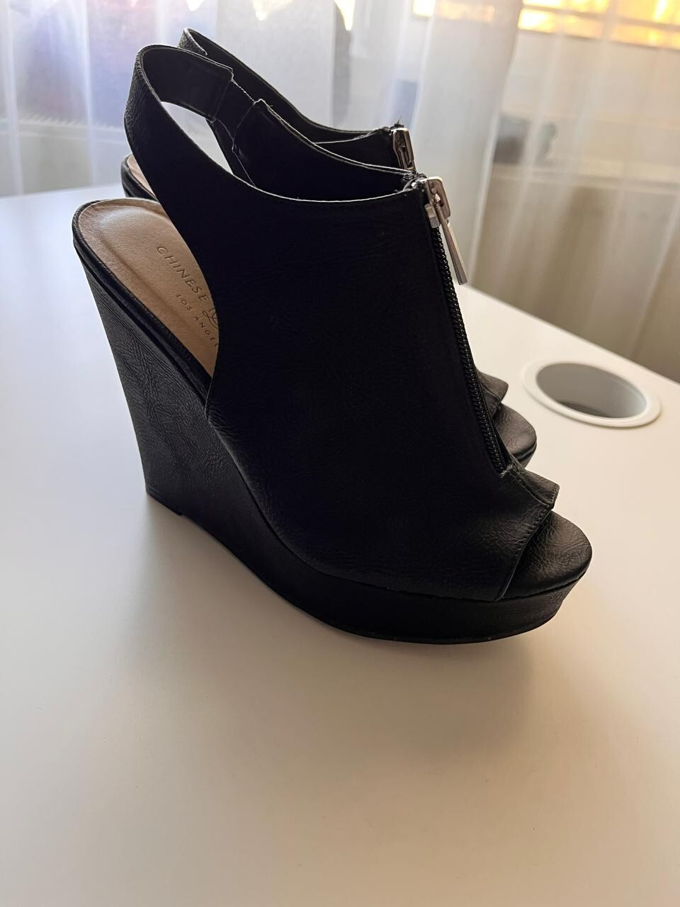 Chinese Laundry Black Peep Toe Zipper Slingback Heels Size 7.5