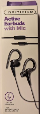 Infinitive Active Earbuds with Mic In Line Microphone Black 3.5mm Headphone Jack
