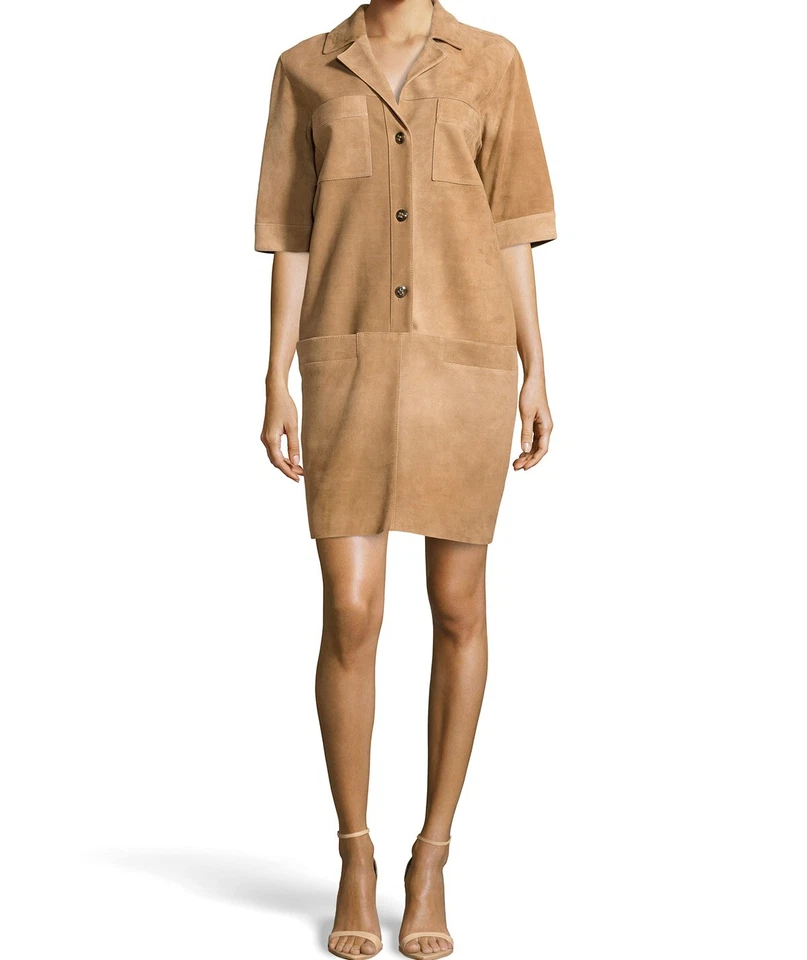 Escada Savannah Tan Lambskin Leather Suede Shirt Dress Medium 38 Spot on Front - Image 2 of 4