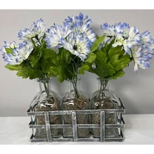 Set Of Three Glass Bottles With Metal Holder & Artificial Blue Flowers