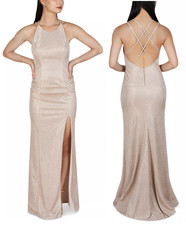 Dear Moon Gown Juniors 7 Champagne Metallic Strappy Back Dress NWT $149