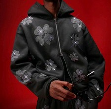 New Men Diamond Flowers Rhinestones Fashion Black Zip Hoodie High Quality