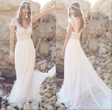 Bohemian Beach Wedding Dress Chiffon Beaded Crystal Cap Sleeve Lace Bridal Gowns
