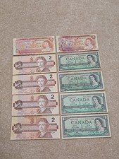 10 Vintage Canadian Banknotes $1 $2 from 1954 1986 1974 CAD Ottawa Canada QE2