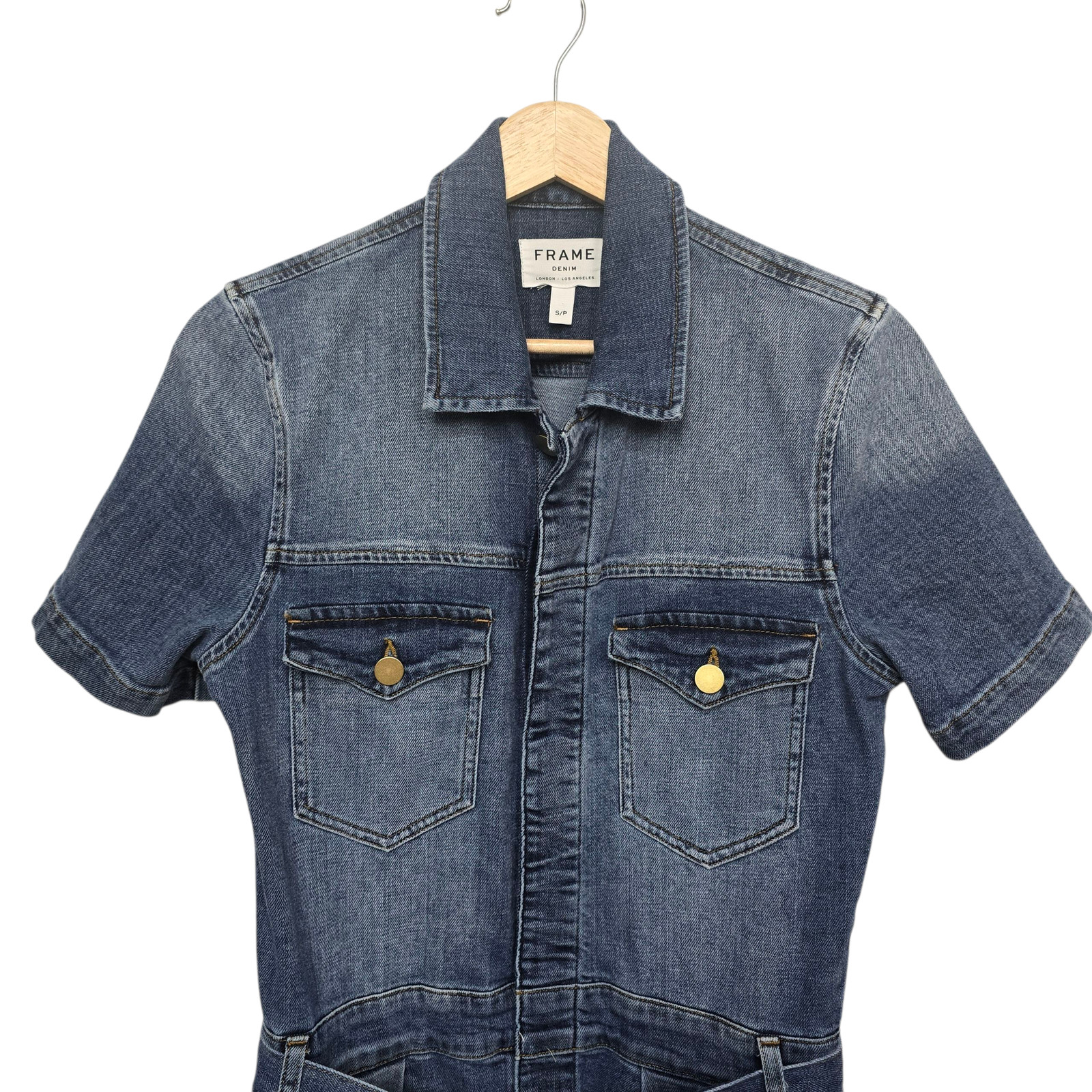 FRAME Denim Romper Womens Small Blue Short Sleeve Belted Zip Front One Piece