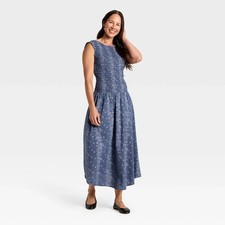 Women's Smocked Midi A-Line Dress - Universal Thread Blue Floral XS NWT