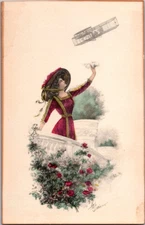Edwardian Lady Garden waves to Biplane Aviation Art 1910s - Photo Postcard