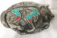 Vintage Wolf Belt Buckle Metal Western Cowboy Wildlife Collectible Turquoise