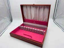 VINTAGE TRADITION WOOD SILVERWARE FLATWARE STORAGE CHEST BOX PINK LINING