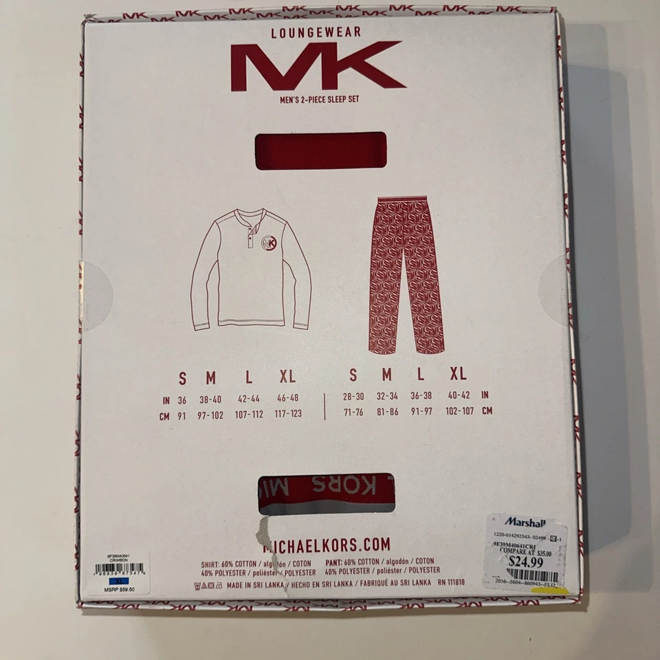 Conjunto de pijama manga larga Michael Kors MK XL para hombre ropa de salón rojo negro suave Foto 2 de 2