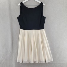 Talbots Dress Womens 14 Petite Black Wool Ivory Chiffon Pleated Skirt Cocktail