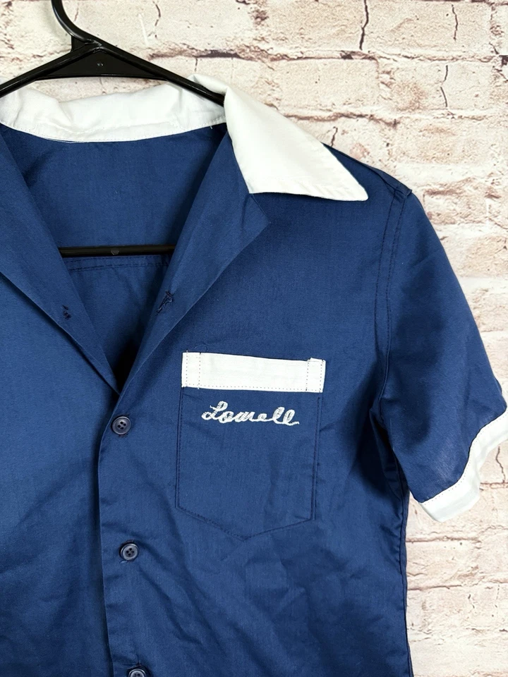 Camisa de boliche vintage azul marino de algodón bordada Rockabilly XS/S Foto 3 de 4