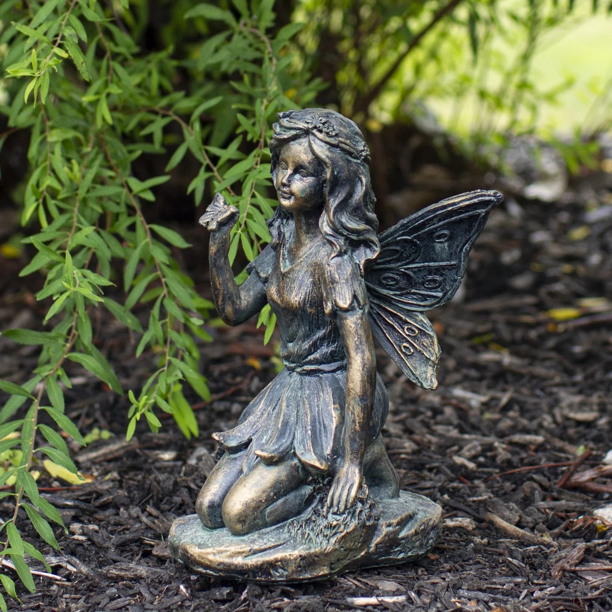 Fairy Statues Set Of2 Bronze Flowers Butterfly Outdoor Garden