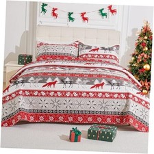3-Piece Christmas Quilt Set Queen/Full Size Cozy Xmas Full/Queen Red Gray