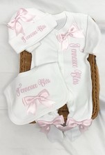 Baby Girl Clothes Babygrow Sleepsuit Hat Bib Personalised Bows Set Newborn Bow