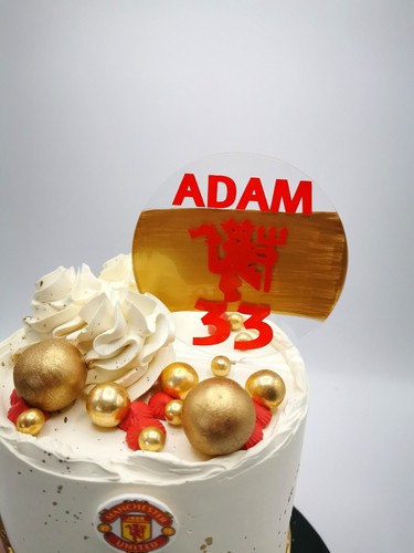 Circle shaped football Manchester United themed personalised acrylic cake topper - Picture 2 of 2