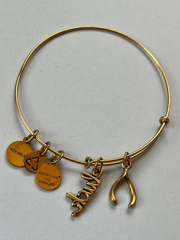 Alex & Ani Thin Goldtone Luck Script Wish Bone Charms Bangle Bracelet - 2.5 inch - Image 3 of 4